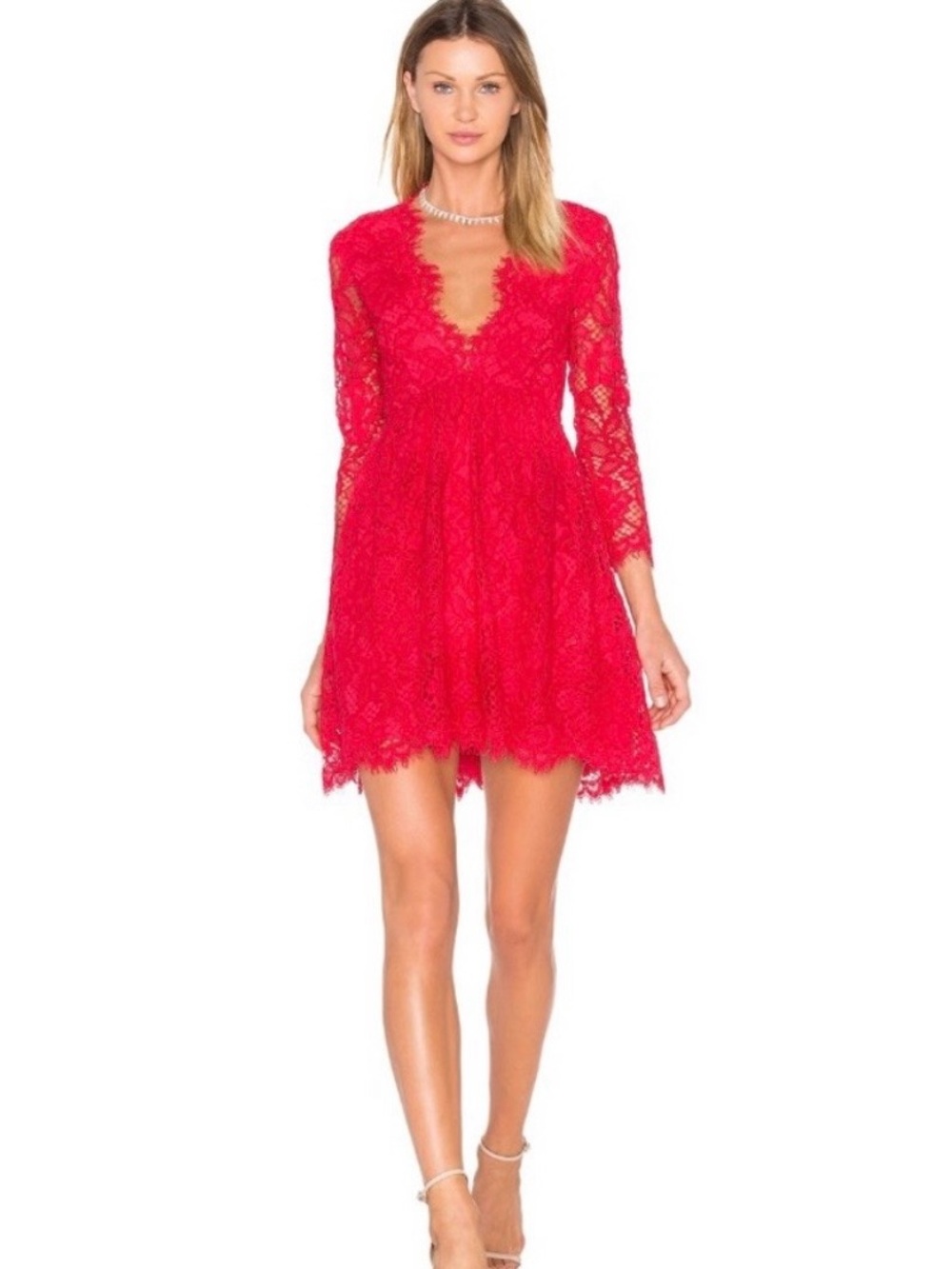 NBD Red Scalloped Lace V-Neck A-Line Mini Dress